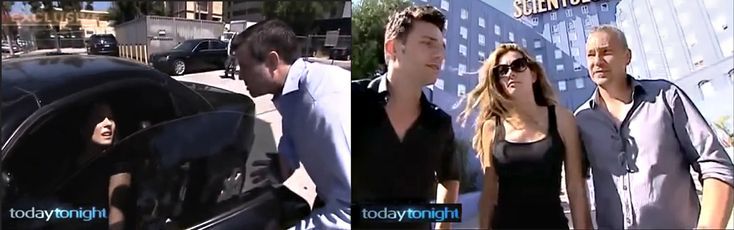 During a TV ambush on a Scientologist at a Los Angeles gas station in 2013, since-disgraced Australian Today Tonight reporter Bryan Seymour blocks the woman from closing her door before pursuing her down the street. The incident was part of an attempted coercive “deprogramming” featuring Tom DeVocht (far right), among others, and shown on Seymour’s ensuing report.